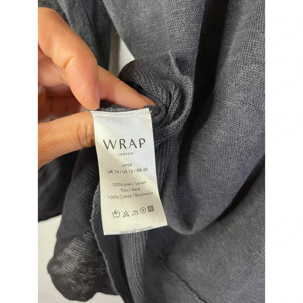 Wrap London Sz 10 100% Linen Gray V-Neck Top Crotchet Shoulder Ruffle Sleeve